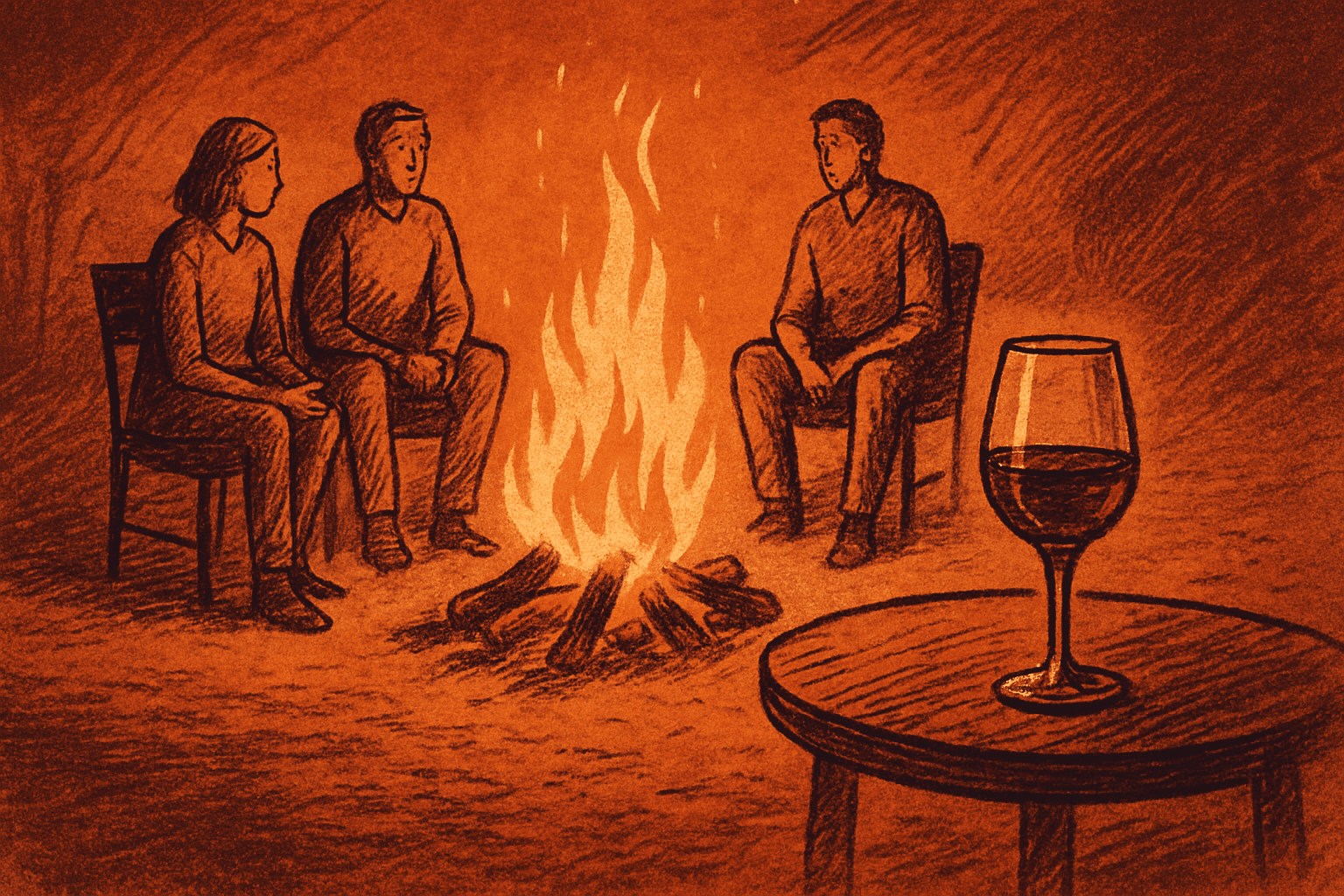 Community gathering around a campfire with wine and conversation