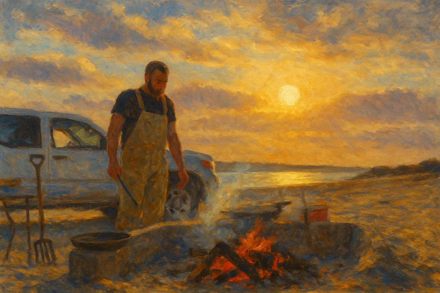 Pete by a beach fire at sunset, cooking and contemplating